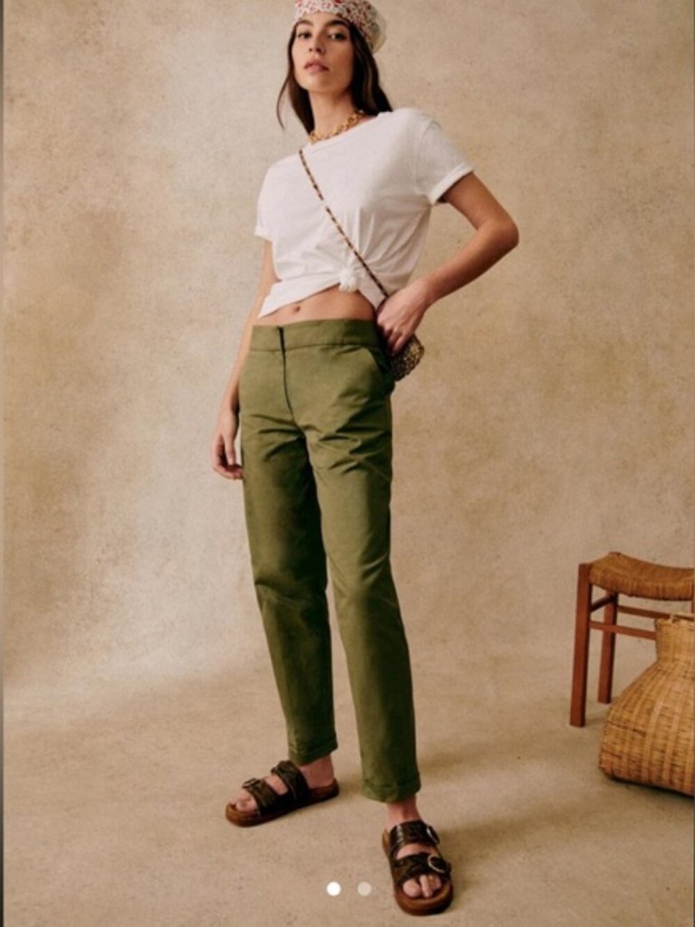 Sezane Milo Green Cotton Slim Fit Trouser Pants